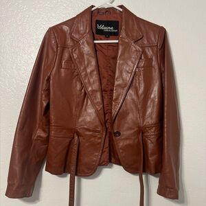Wilsons Leather Cognac Brown Genuine Leather Belted Blazer Jacket Sz 10 Y2K 90s